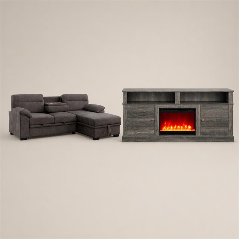 Pemberly Row Living Room Set of 2 Fireplace TV Stand & Sleeper Sectional Sofa