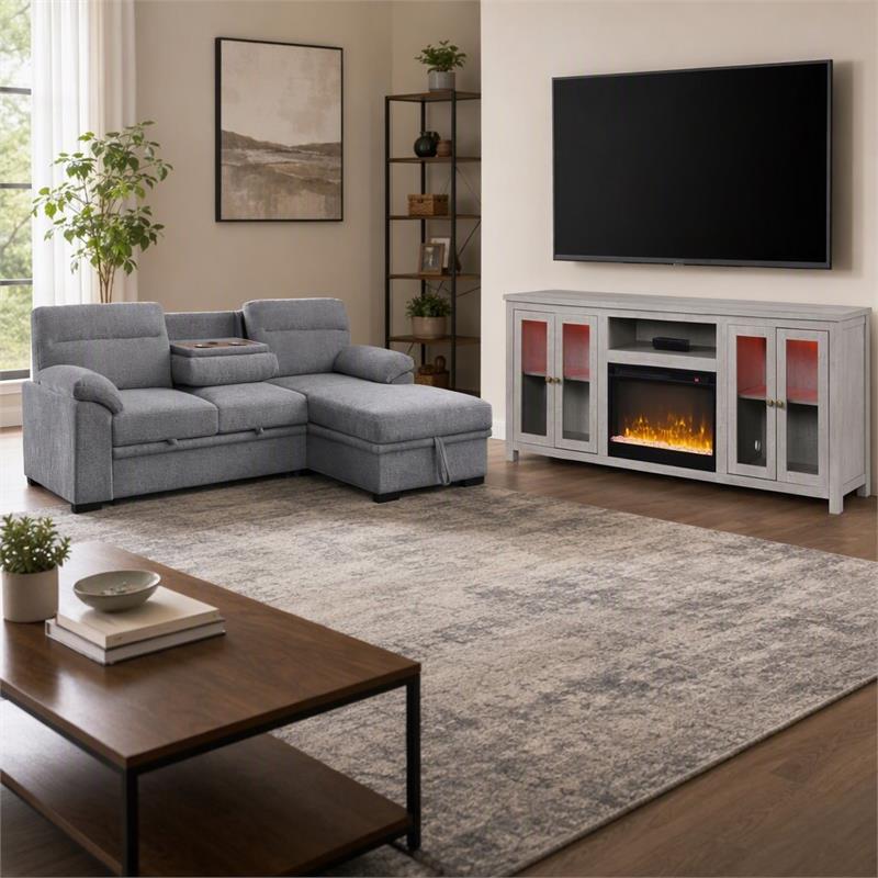 Pemberly Row Living Room Set of 2 Fireplace TV Stand & Sleeper Sectional Sofa