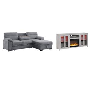 Pemberly Row Living Room Set of 2 Fireplace TV Stand & Sleeper Sectional Sofa