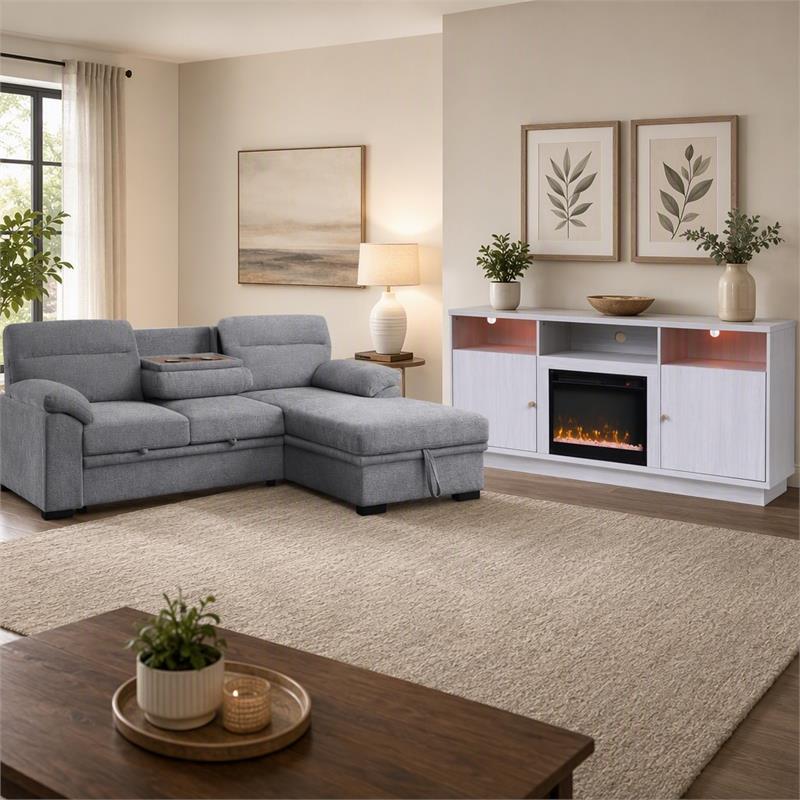 Pemberly Row Living Room Set of 2 Fireplace TV Stand & Sleeper Sectional Sofa