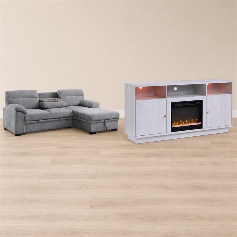 Pemberly Row Living Room Set of 2 Fireplace TV Stand & Sleeper Sectional Sofa
