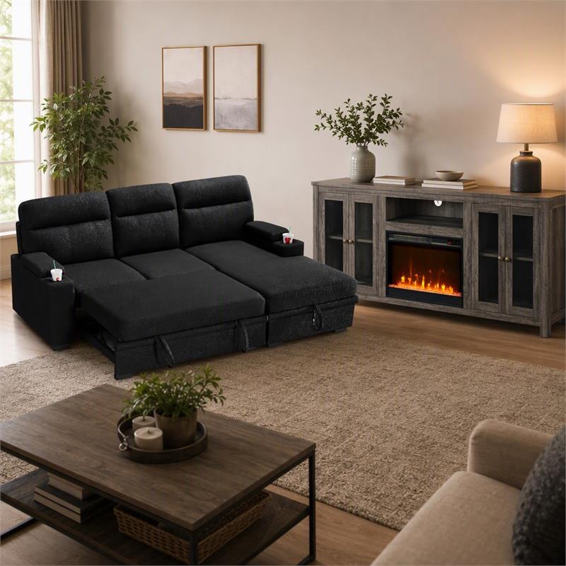 Pemberly Row Set of 2 Fireplace TV Console and Black Sleeper Sectional Sofa