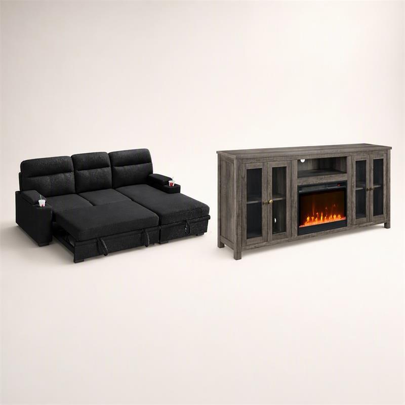 Pemberly Row Set of 2 Fireplace TV Console and Black Sleeper Sectional Sofa