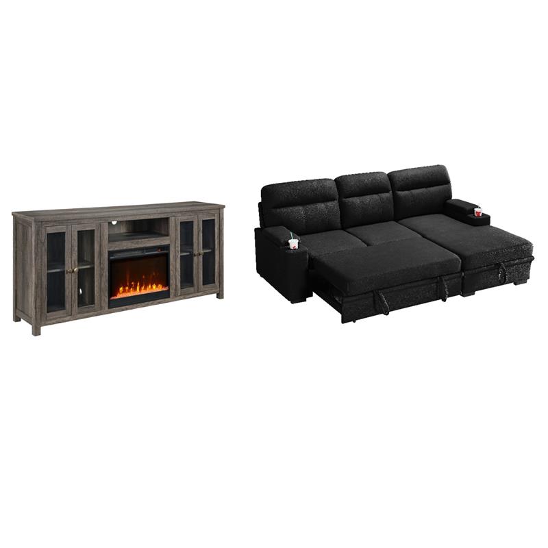 Pemberly Row Set of 2 Fireplace TV Console and Black Sleeper Sectional Sofa
