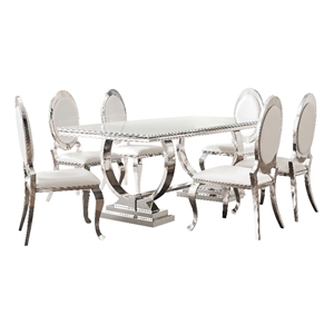 Pemberly Row 7-piece White Tempered Glass Dining Set in Cream White Chairs