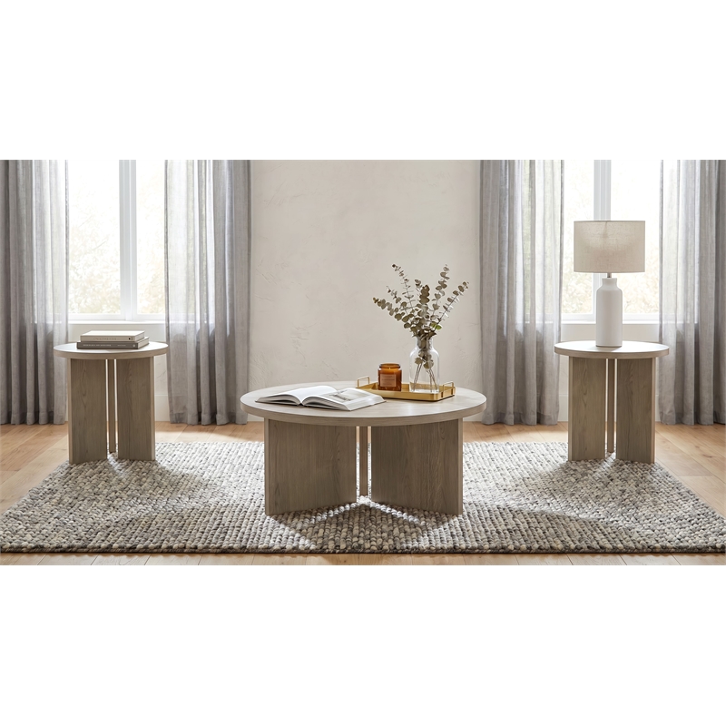 Pemberly Row 3-Piece Round Panel Base Coffee and End Table Set in Latte