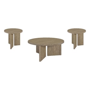 Pemberly Row 3-Piece Round Panel Base Coffee and End Table Set in Latte
