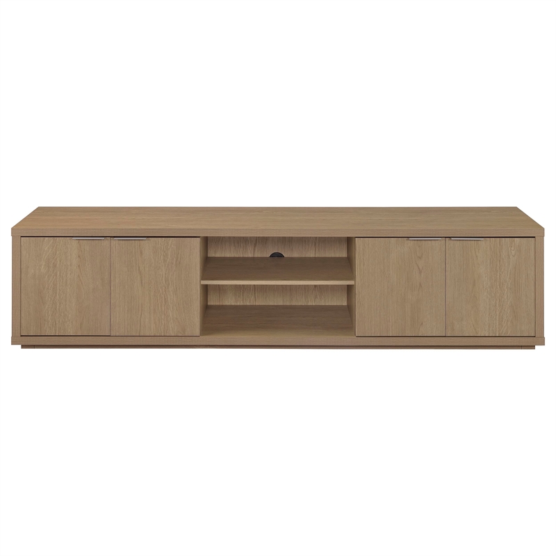 Pemberly Row 85-Inch TV Stand with Soft-Close Doors and Shelf in Latte