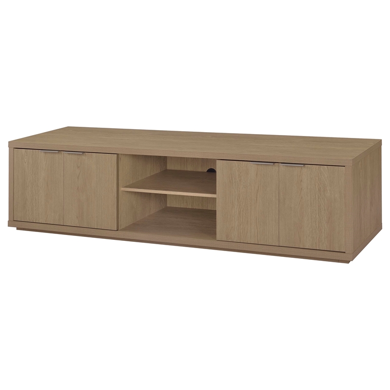 Pemberly Row 85-Inch TV Stand with Soft-Close Doors and Shelf in Latte