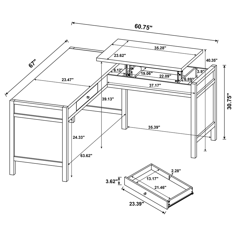 Pemberly Row Lift Top L-shape Engineered Wood Writing Desk in Brown