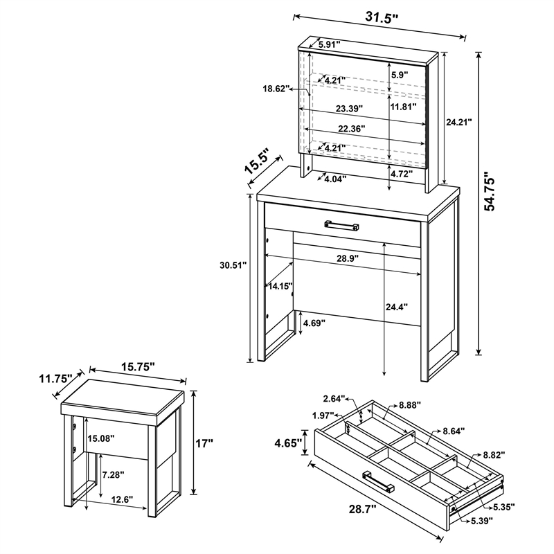 Pemberly Row Engineered Wood Vanity Set with Mirror and Stool in Brown