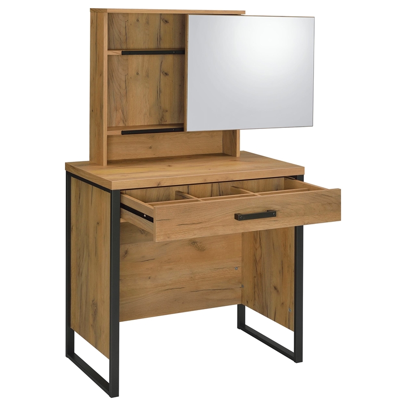 Pemberly Row Engineered Wood Vanity Set with Mirror and Stool in Brown