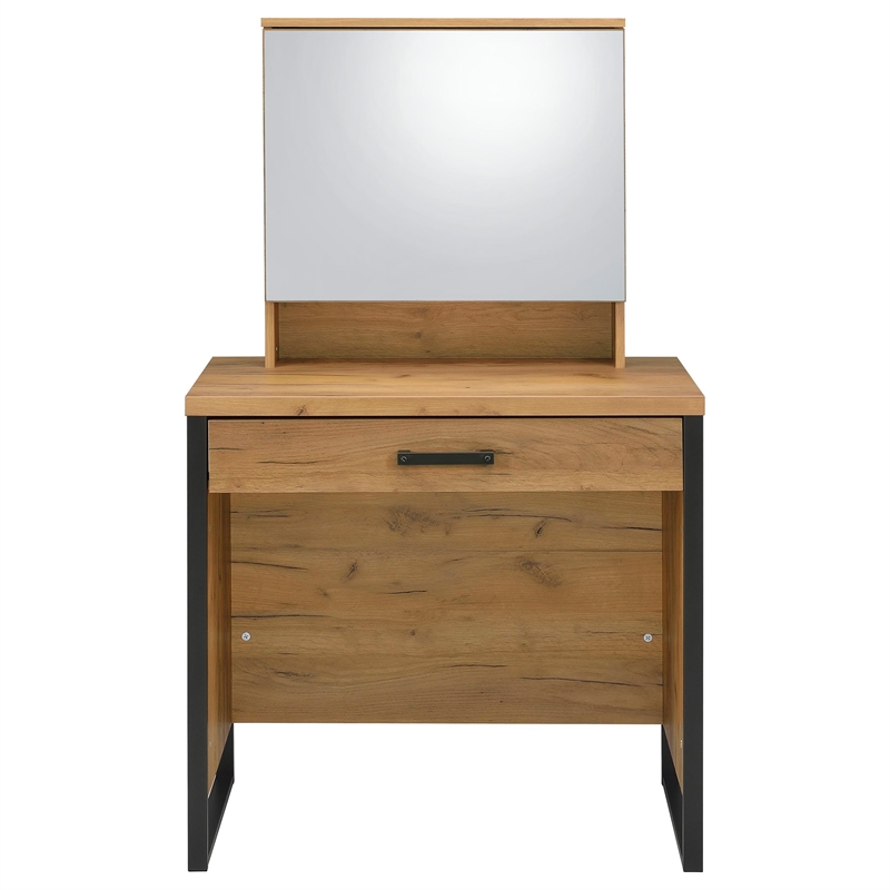 Pemberly Row Engineered Wood Vanity Set with Mirror and Stool in Brown