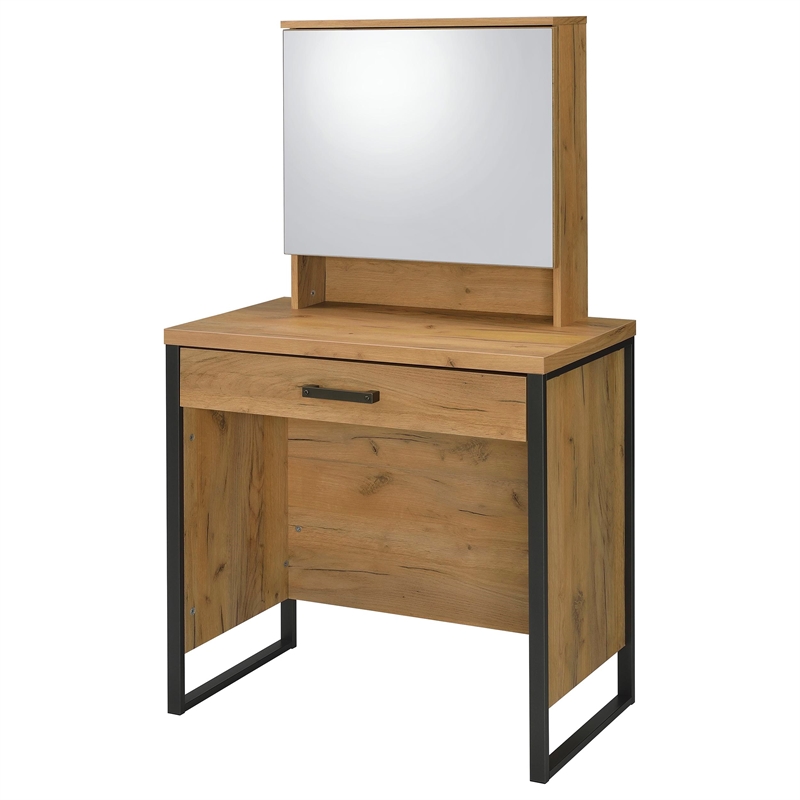 Pemberly Row Engineered Wood Vanity Set with Mirror and Stool in Brown
