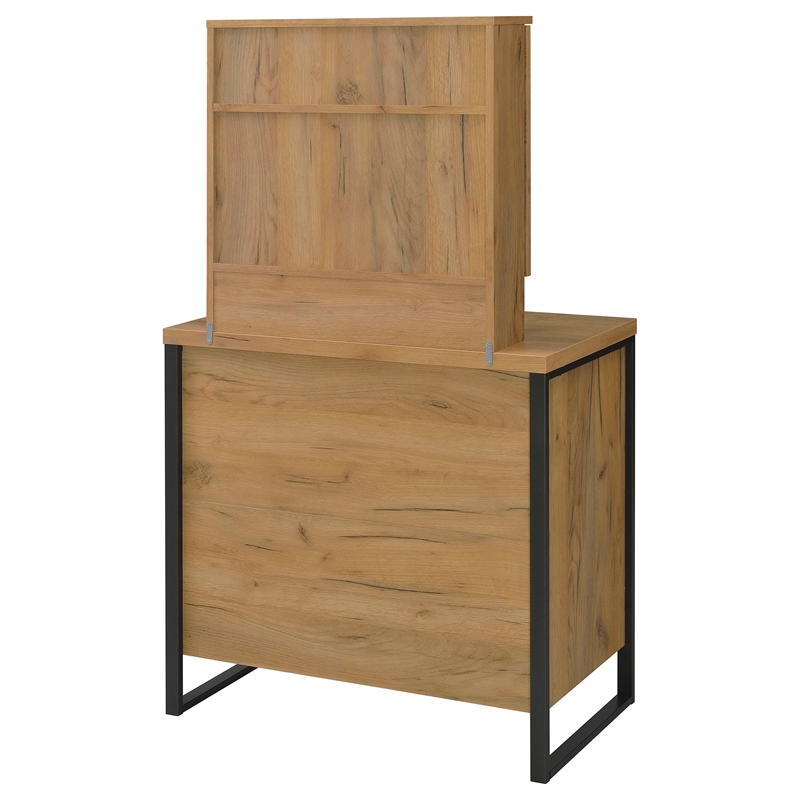Pemberly Row Engineered Wood Vanity Set with Mirror and Stool in Brown