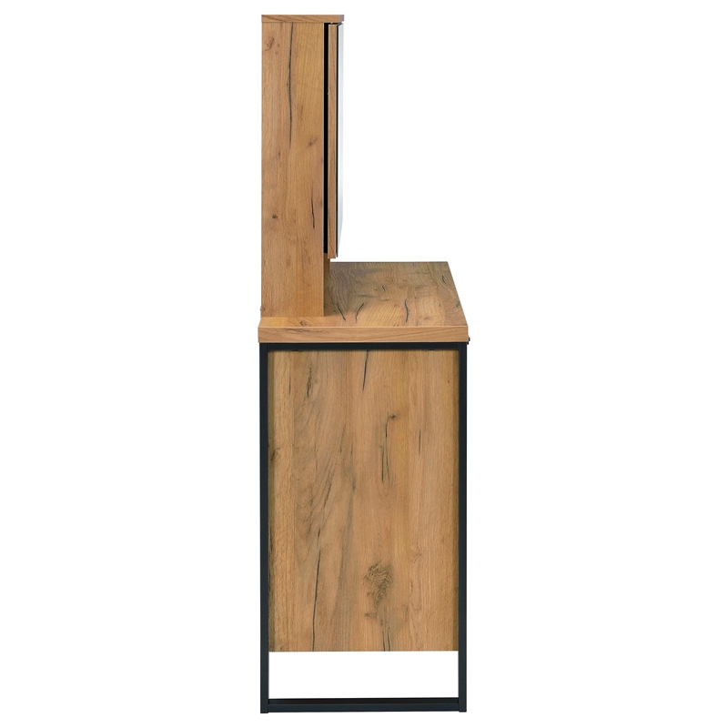 Pemberly Row Engineered Wood Vanity Set with Mirror and Stool in Brown