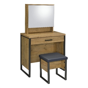 Pemberly Row Engineered Wood Vanity Set with Mirror and Stool in Brown