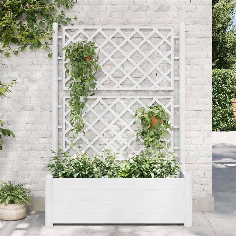 Pemberly Row Rectangular UV-Resistant Garden Planter with Trellis in White