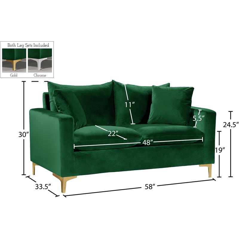 Pemberly Row Contemporary Velvet Loveseat in Green with Customizable Legs