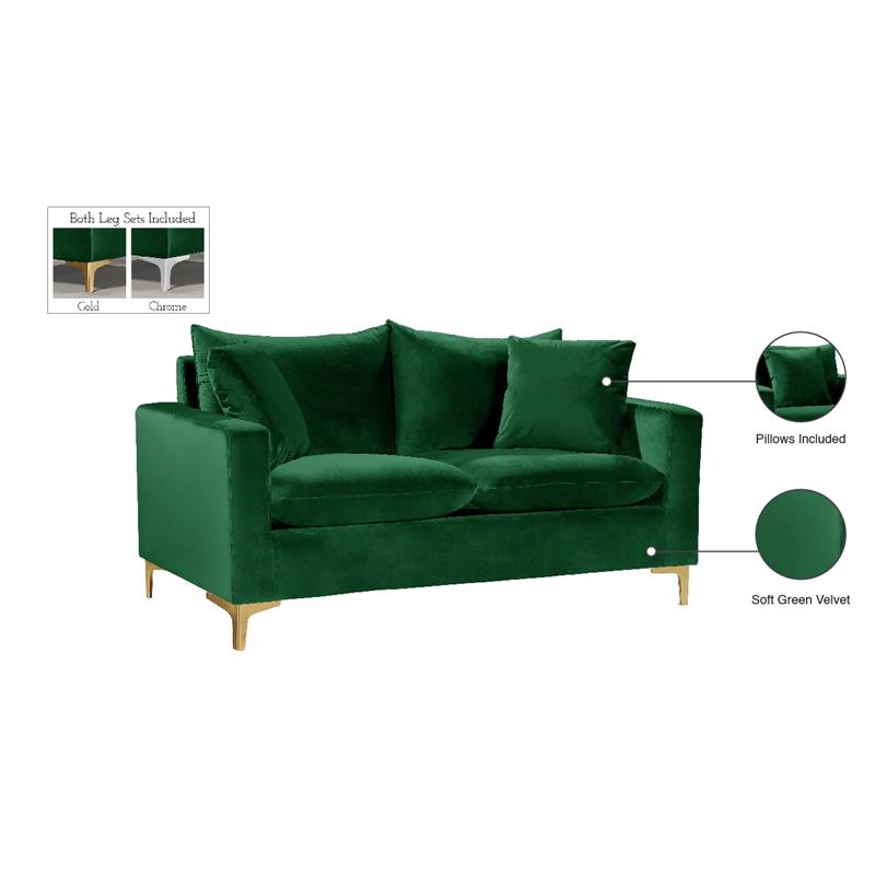 Pemberly Row Contemporary Velvet Loveseat in Green with Customizable Legs