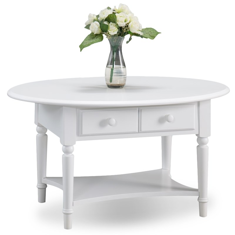 Pemberly Row Oval Coffee Table with Drawer and Shelf in Orchid White