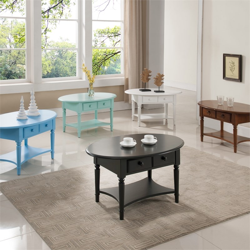 Pemberly Row Oval Coffee Table with Drawer and Shelf in Orchid White