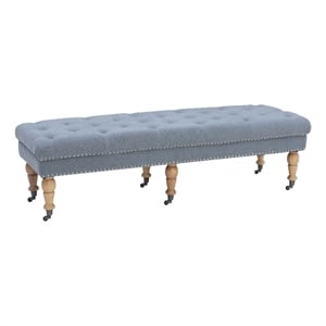 Pemberly Row Upholstered Tufted Bench in Washed Blue Linen with Casters