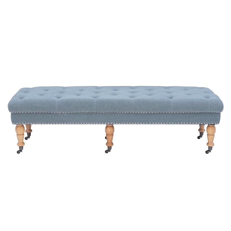 Pemberly Row Upholstered Tufted Bench in Washed Blue Linen with Casters