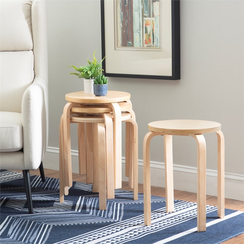 Pemberly Row Bentwood Round Stacking Wood Stools in Natural Finish (Set of 4)
