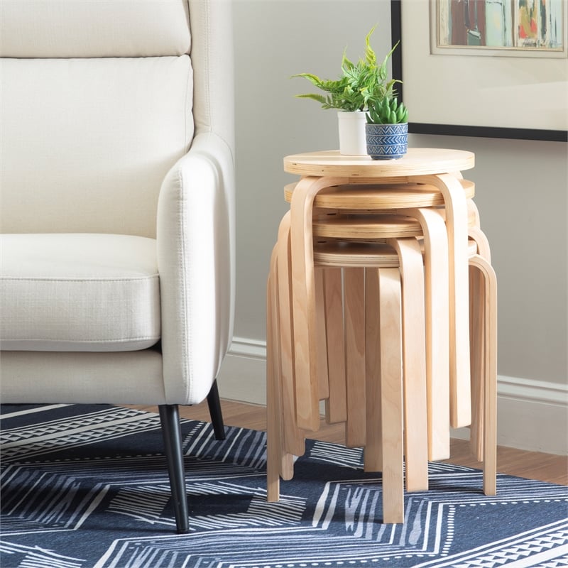 Pemberly Row Bentwood Round Stacking Wood Stools in Natural Finish (Set of 4)