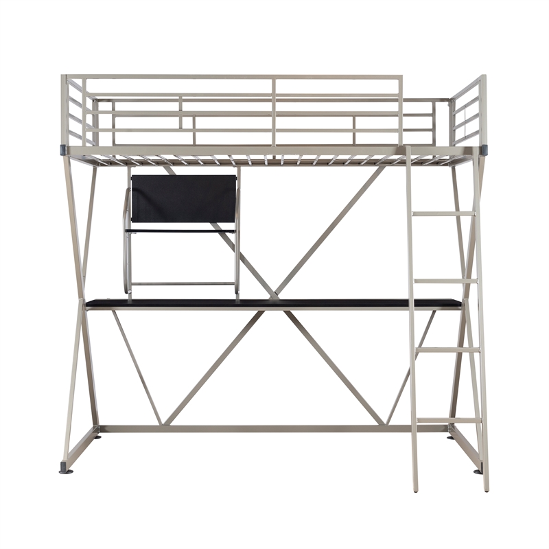 Pemberly Row Metal Twin Loft Bed with Desk in Pewter Finish
