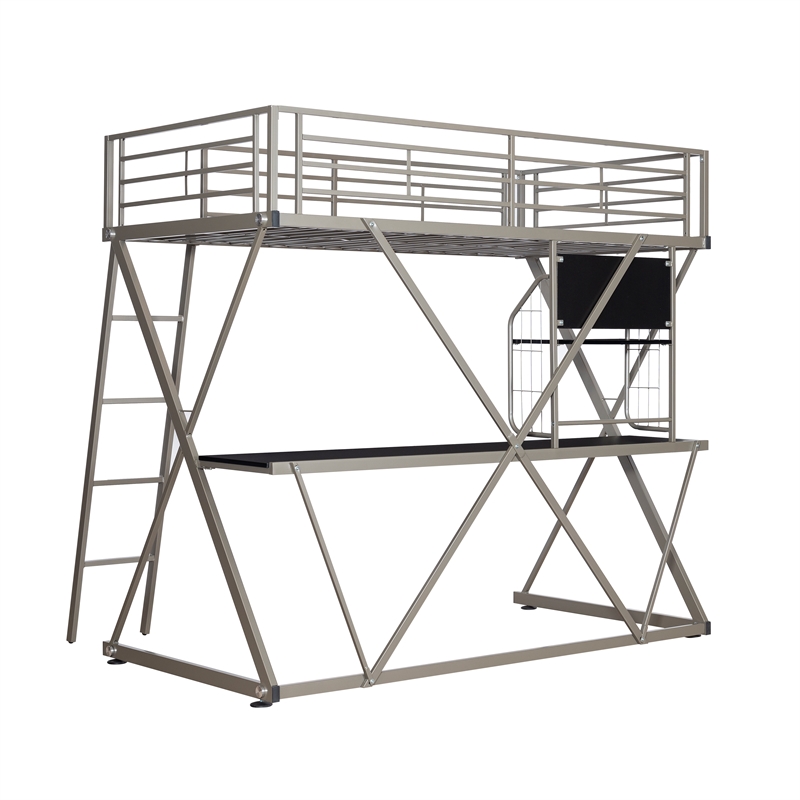 Pemberly Row Metal Twin Loft Bed with Desk in Pewter Finish