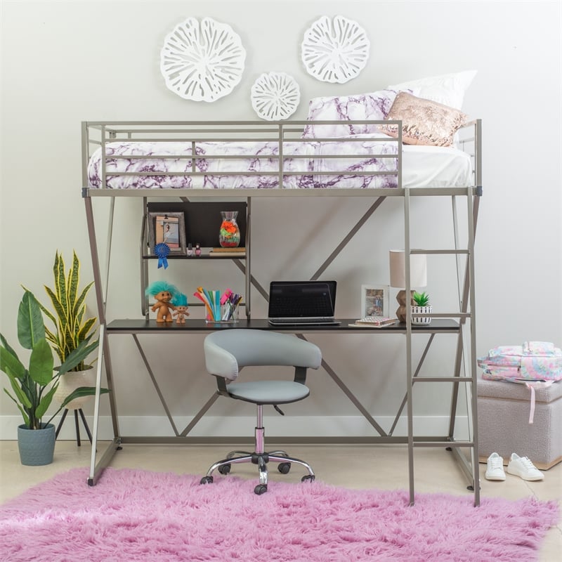 Pemberly Row Metal Twin Loft Bed with Desk in Pewter Finish