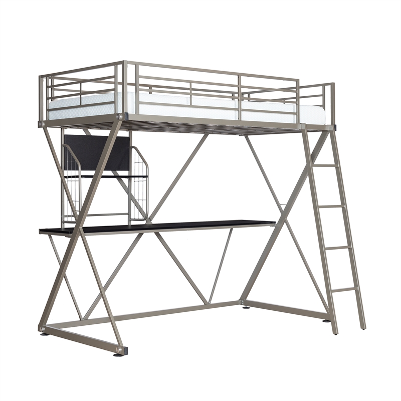 Pemberly Row Metal Twin Loft Bed with Desk in Pewter Finish