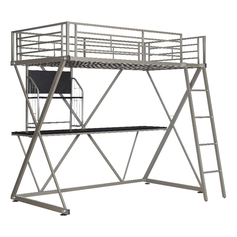 Pemberly Row Metal Twin Loft Bed with Desk in Pewter Finish