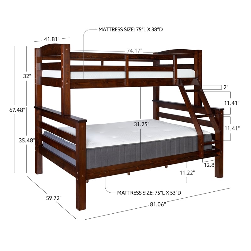 Pemberly Row Twin Over Full Wood Bunk Bed with Ladder in Espresso