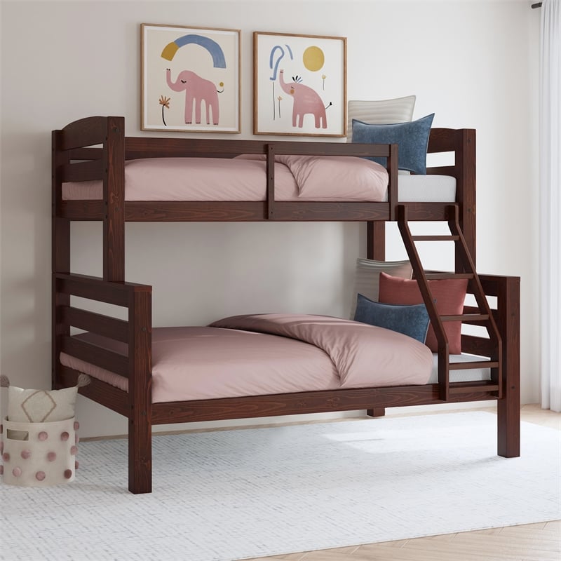Pemberly Row Twin Over Full Wood Bunk Bed with Ladder in Espresso
