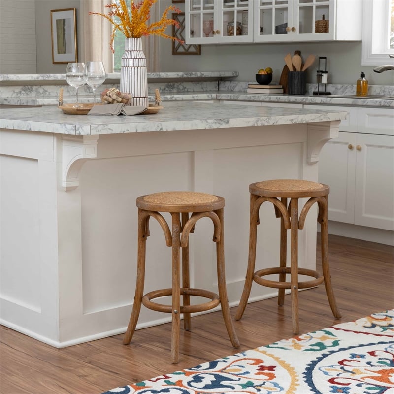 Pemberly Row 24 in Rustic Wood Backless Counter Stool with Rattan Seat