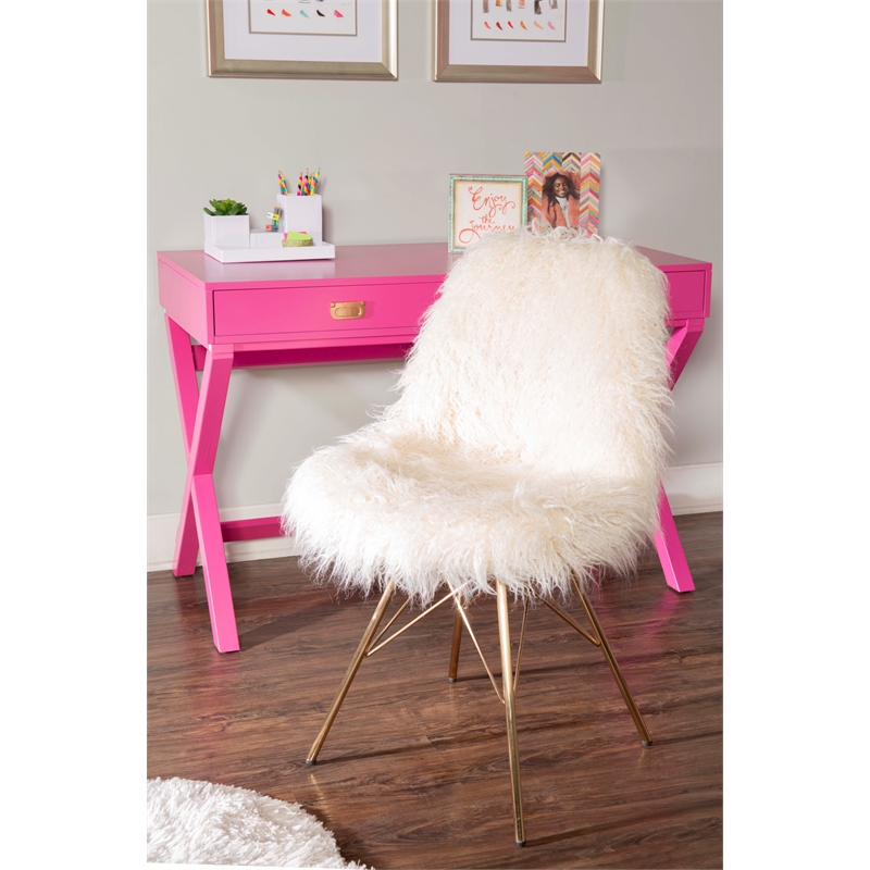 Pemberly Row Faux Fur Accent Chair with Gold Metal Legs in Cream