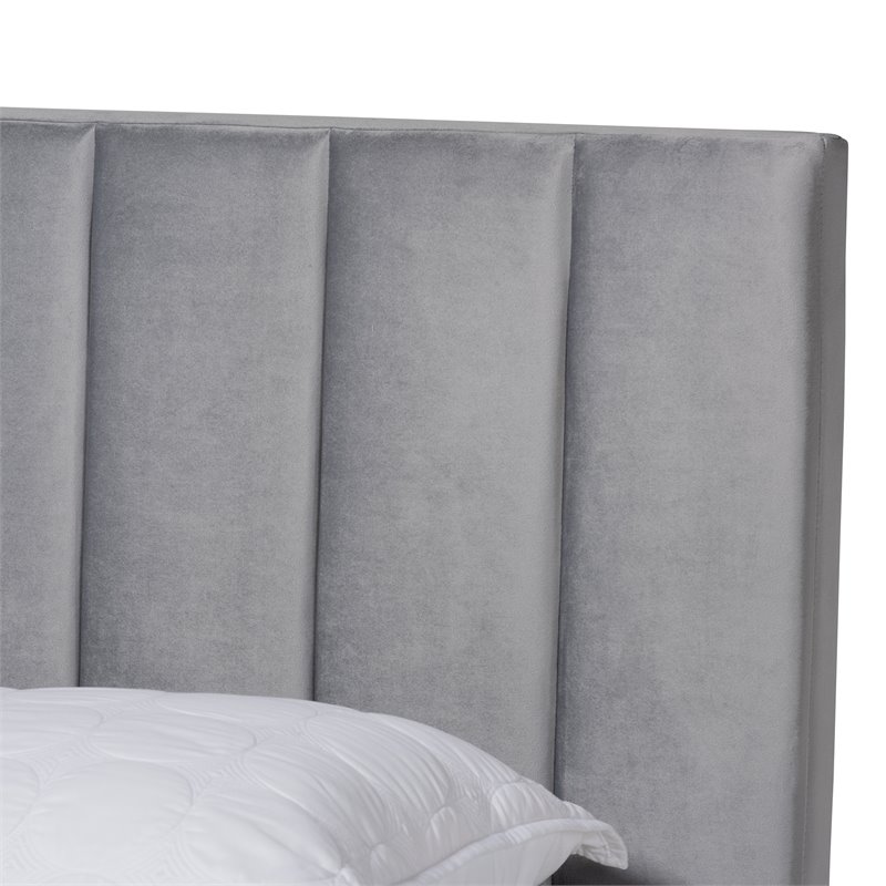 Pemberly Row King Size Gray Velvet Panel Bed with Tufted Headboard