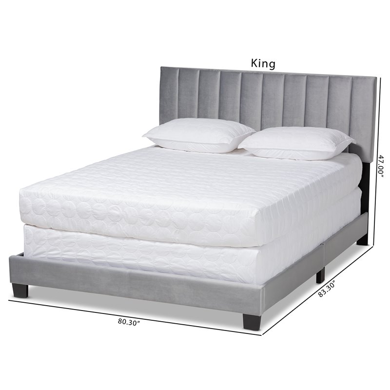 Pemberly Row King Size Gray Velvet Panel Bed with Tufted Headboard