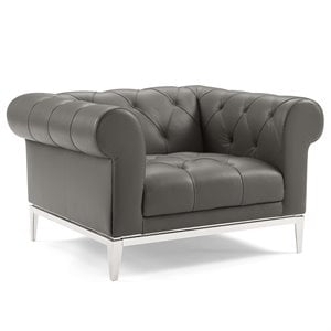 Pemberly Row Tufted Upholstered Leather Chesterfield Armchair in Gray