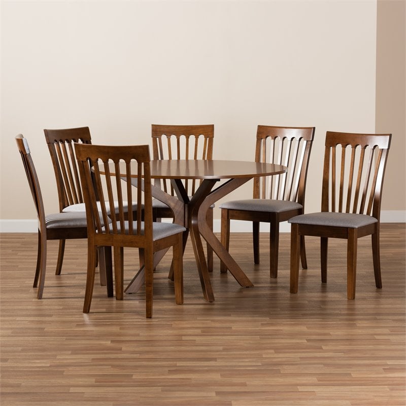 Pemberly Row 7-Piece Dining Set in Gray Fabric & Walnut Brown Finished Wood