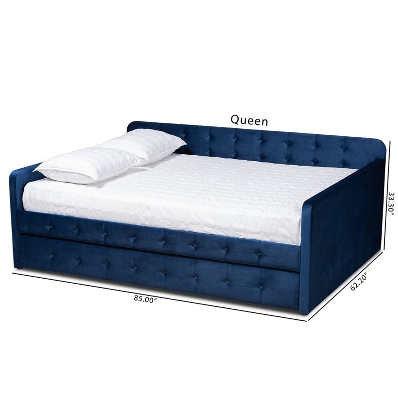 Pemberly Row Queen Velvet Daybed with Trundle in Navy Blue Upholstery