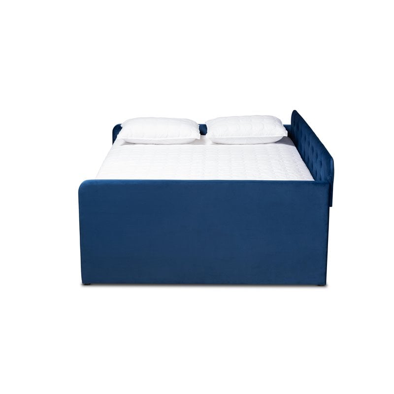 Pemberly Row Queen Velvet Daybed with Trundle in Navy Blue Upholstery