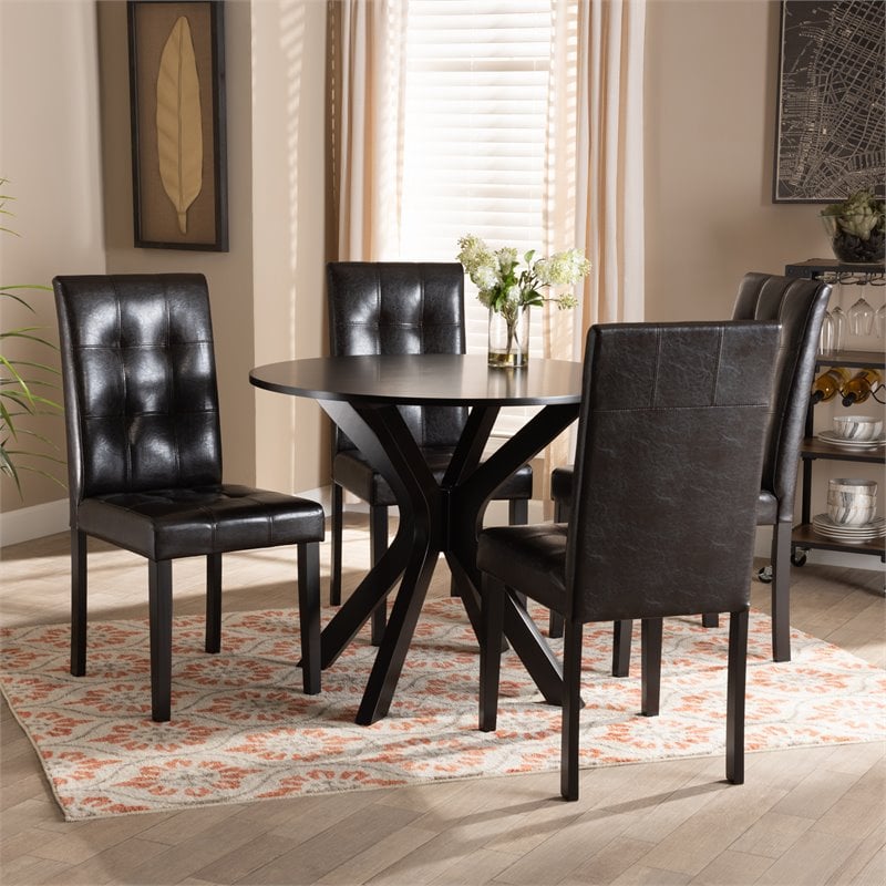 Pemberly Row Marie 5-Piece Dining Set Faux Leather Dark Brown Wood