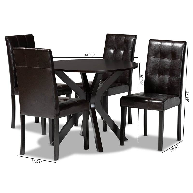 Pemberly Row Marie 5-Piece Dining Set Faux Leather Dark Brown Wood