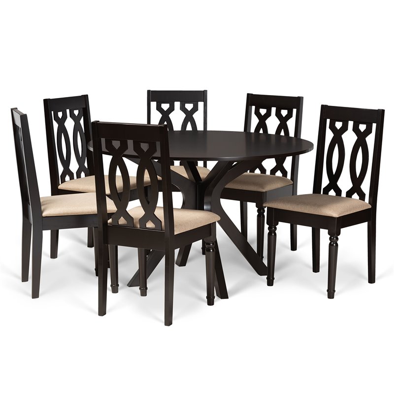 Pemberly Row 7-Piece Wood Dining Set with Sand Upholstery in Dark Brown