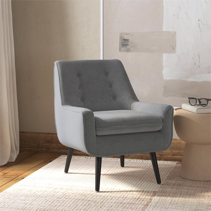 Pemberly Row Upholstered Tufted Accent Chair with Black Wood Legs in Gray
