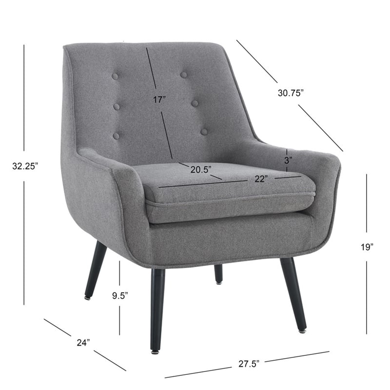 Pemberly Row Upholstered Tufted Accent Chair with Black Wood Legs in Gray
